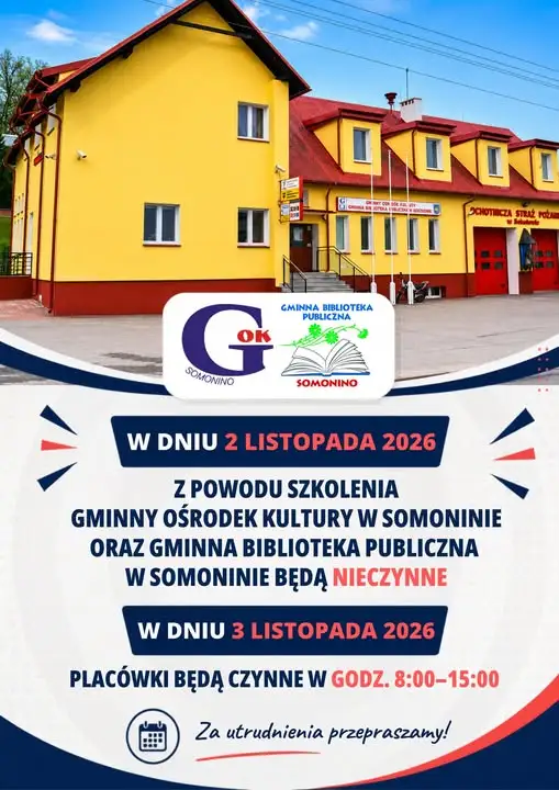 GOK i biblioteka w Somoninie nieczynne 2 listopada – zmiany w godzinach pracy
